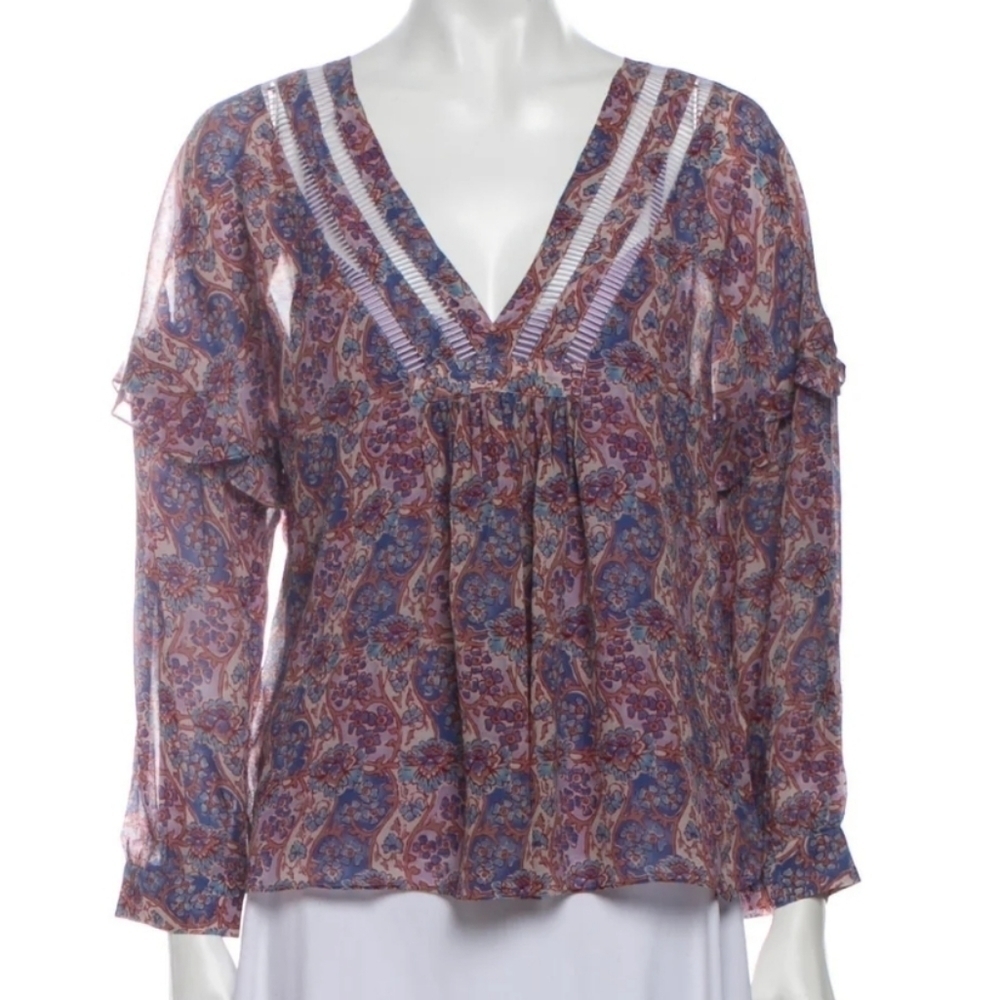 Frye 506 Violet‎ Dusk Railroad Accent V Neck Blouse NWT Size XS